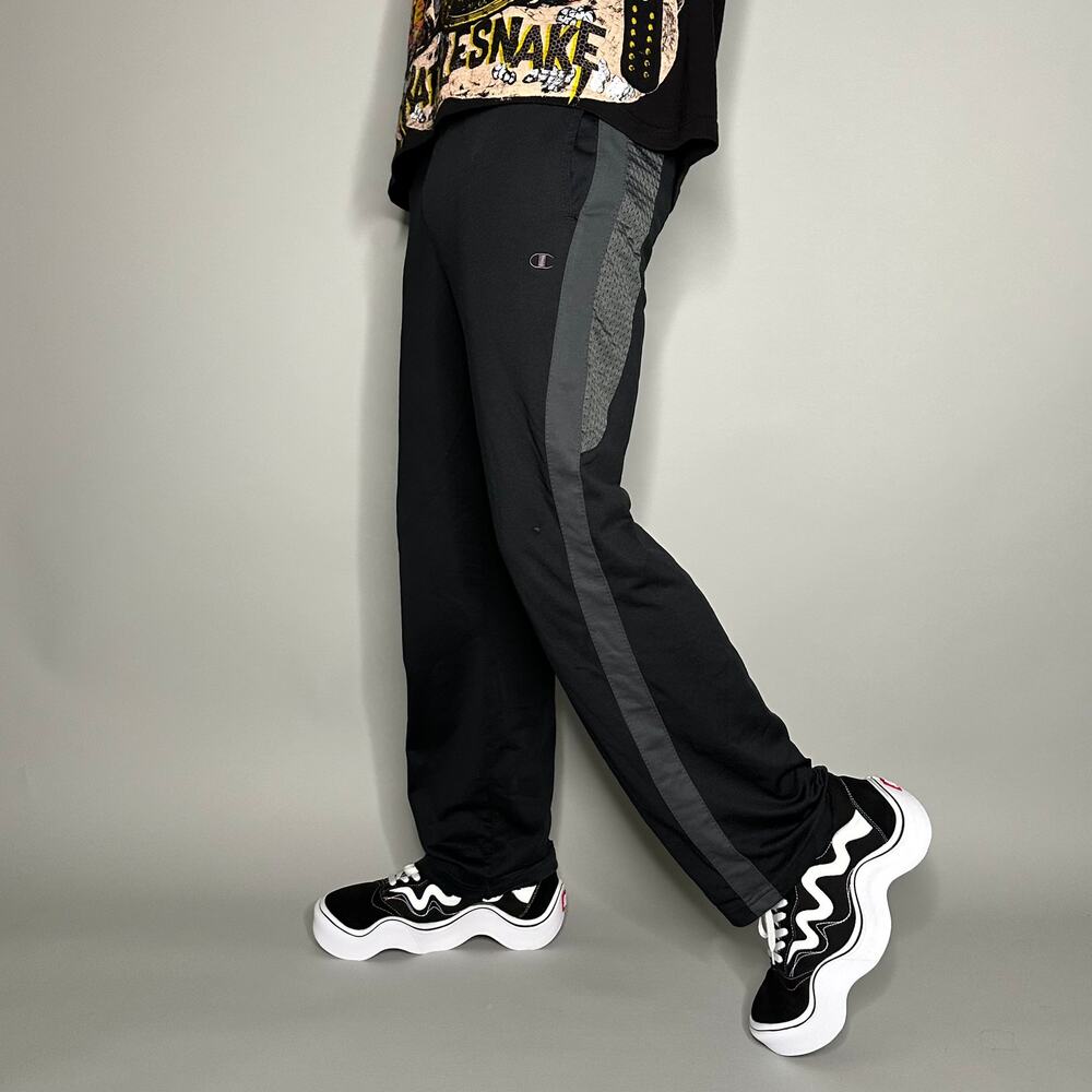 Vintage Y2K Champion Sweatpants Mens L Baggy Jet Black Polyester Grey Logo